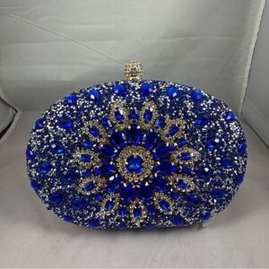 VERANO HILL Blue Crystal Jeweled Evening Clutch with Chain Strap